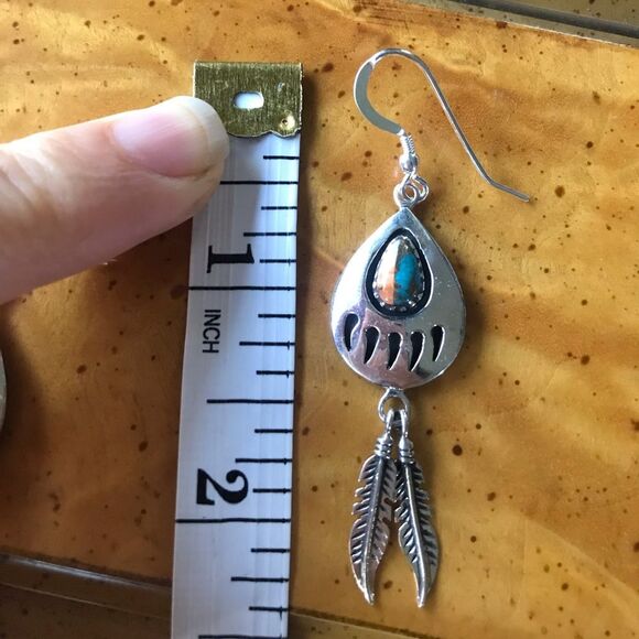 Spiny Oyster Turquoise Sterling Silver Bear Claw Feather Dangle Earrings - Picture 2 of 5